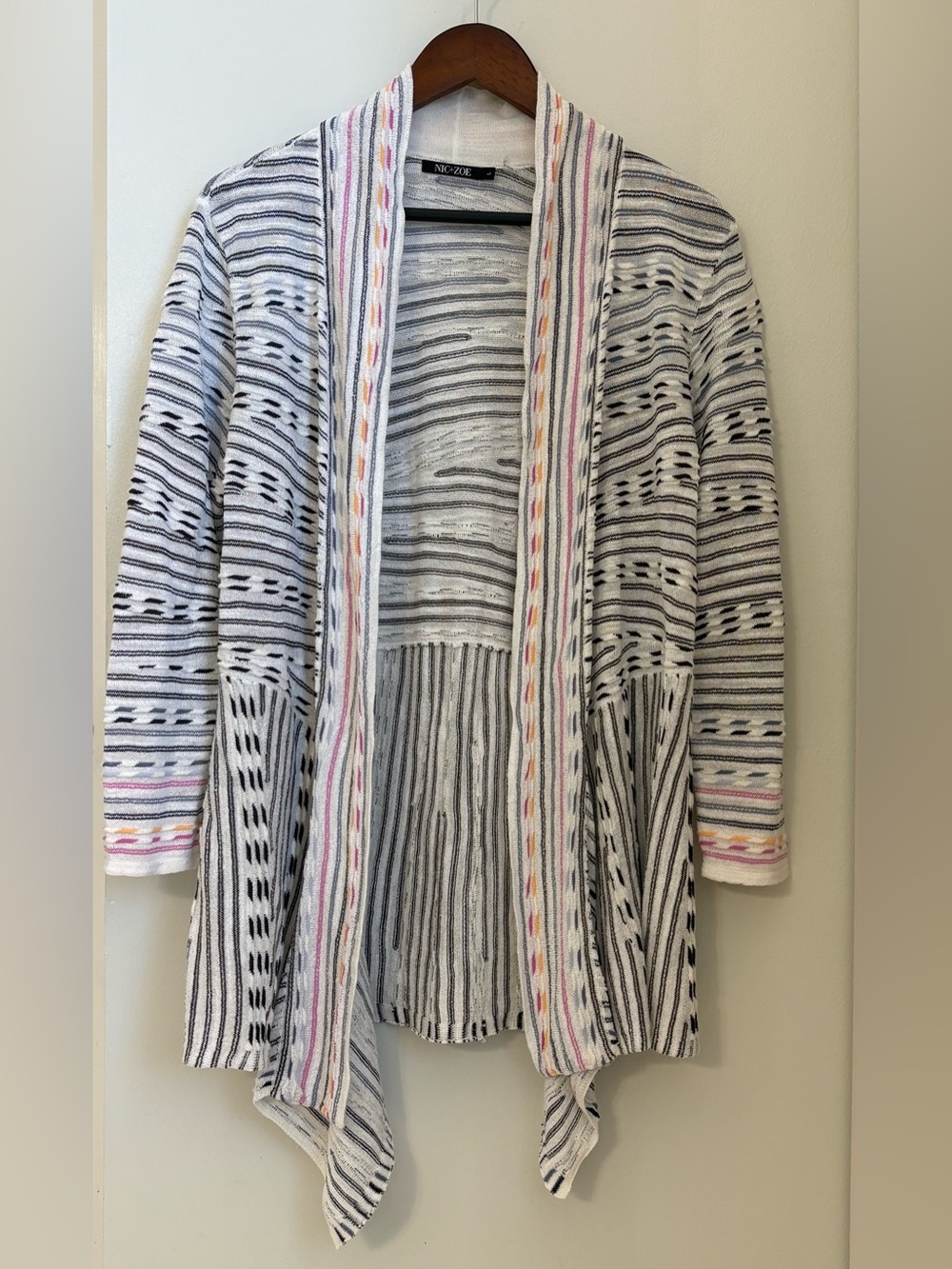 NIC+ZOE Shades Stripes White and Black Draped Open Front Cardigan Size: L